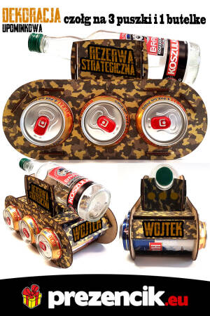 Czołg MORO Camouflage drewniany ze sklejki na 3 puszki piwa i 1 butelkę - dekoracja upominkowa